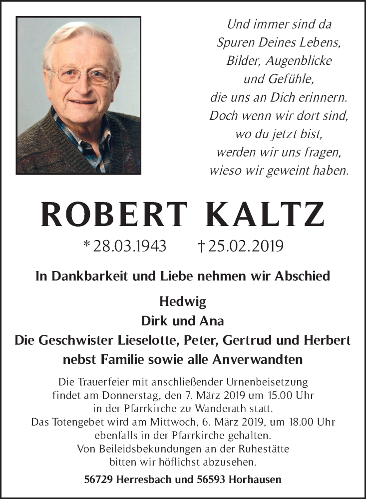  Traueranzeige für Robert Kaltz vom 01.03.2019 aus Rhein-Zeitung