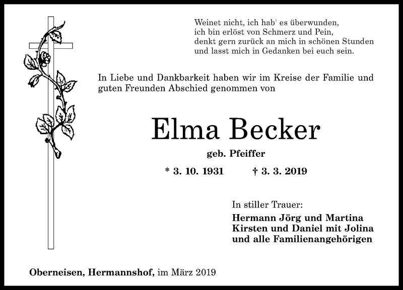  Traueranzeige für Elma Becker vom 16.03.2019 aus Rhein-Lahn-Zeitung
