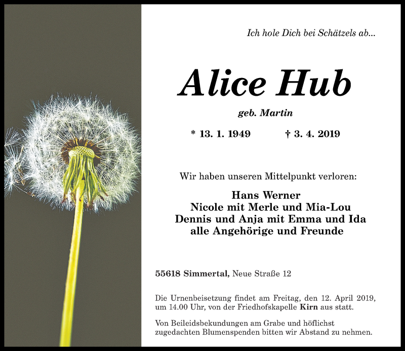  Traueranzeige für Alice Hub vom 09.04.2019 aus Oeffentlicher Anzeiger