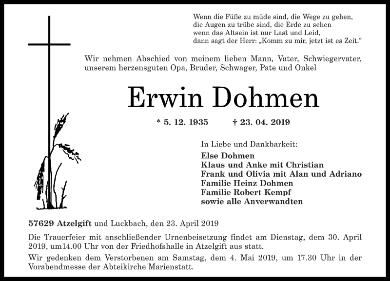  Traueranzeige für Erwin Dohmen vom 27.04.2019 aus Rhein-Zeitung