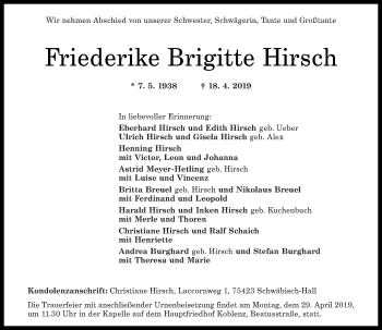 Traueranzeige von Friederike Brigitte Hirsch von Rhein-Zeitung