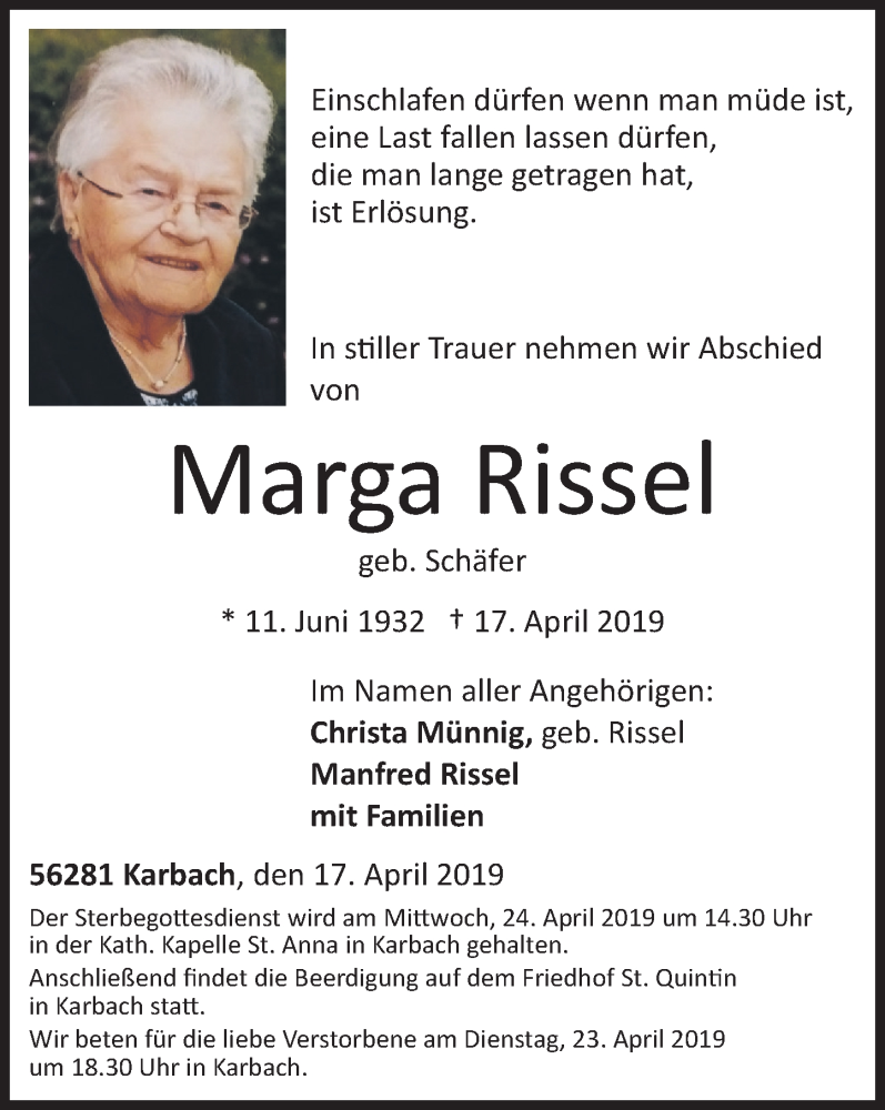  Traueranzeige für Margareta Rissel vom 20.04.2019 aus Rhein-Hunsrück-Zeitung
