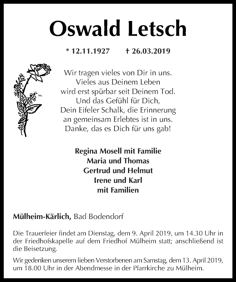 Traueranzeigen von Oswald Letsch rztrauer.de