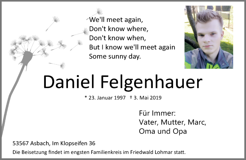  Traueranzeige für Daniel Felgenhauer vom 11.05.2019 aus Rhein-Zeitung