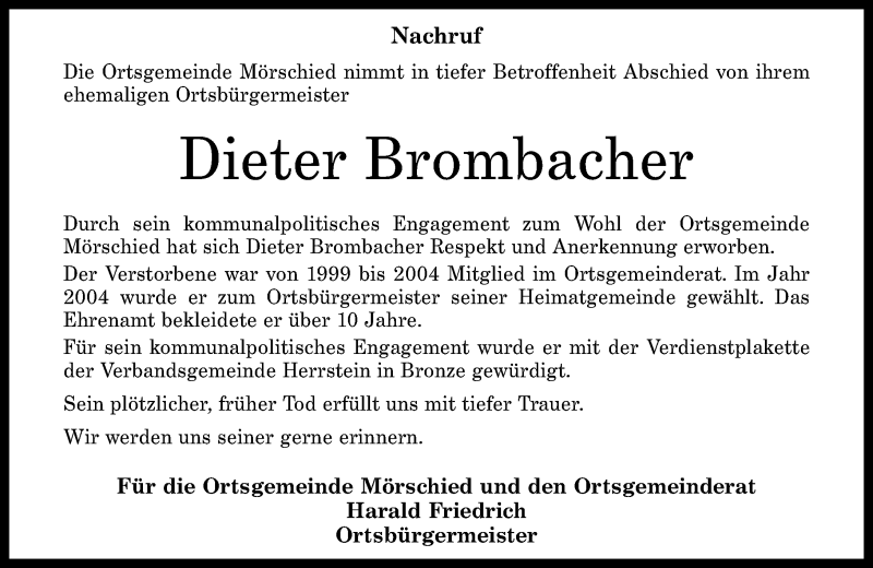  Traueranzeige für Dieter Brombacher vom 15.05.2019 aus Nahe-Zeitung
