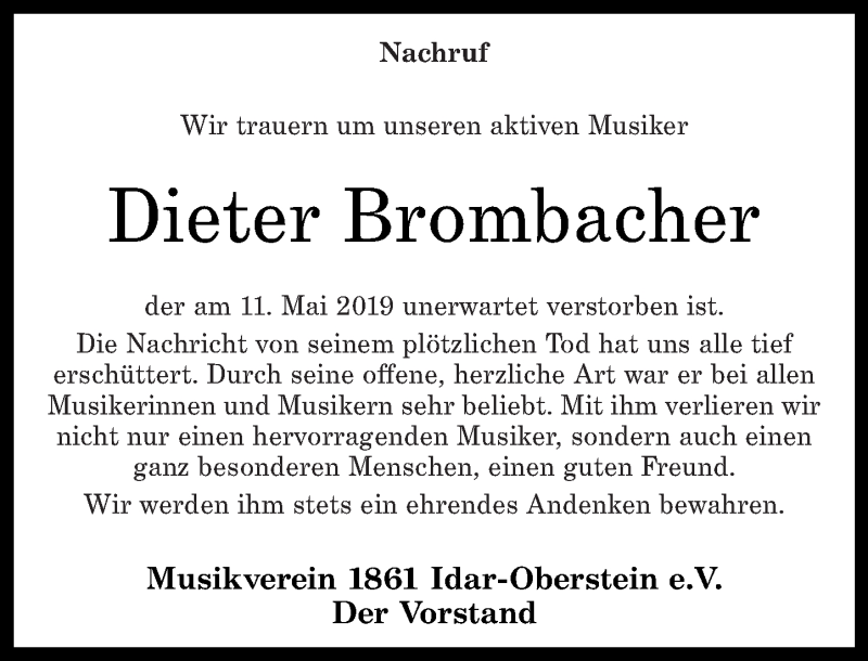  Traueranzeige für Dieter Brombacher vom 16.05.2019 aus Nahe-Zeitung