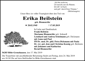 Traueranzeige von Erika Beilstein von Rhein-Zeitung