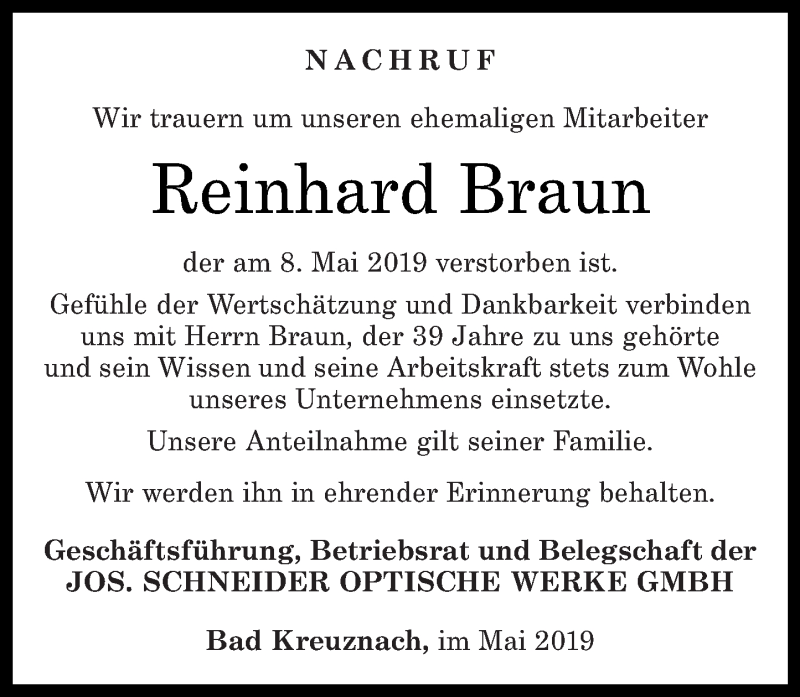 Traueranzeigen Von Reinhard Braun | Rz-trauer.de