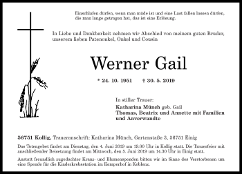 Traueranzeige von Werner Gail von Rhein-Zeitung