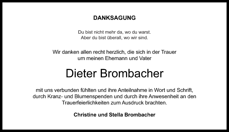  Traueranzeige für Dieter Brombacher vom 01.06.2019 aus Nahe-Zeitung