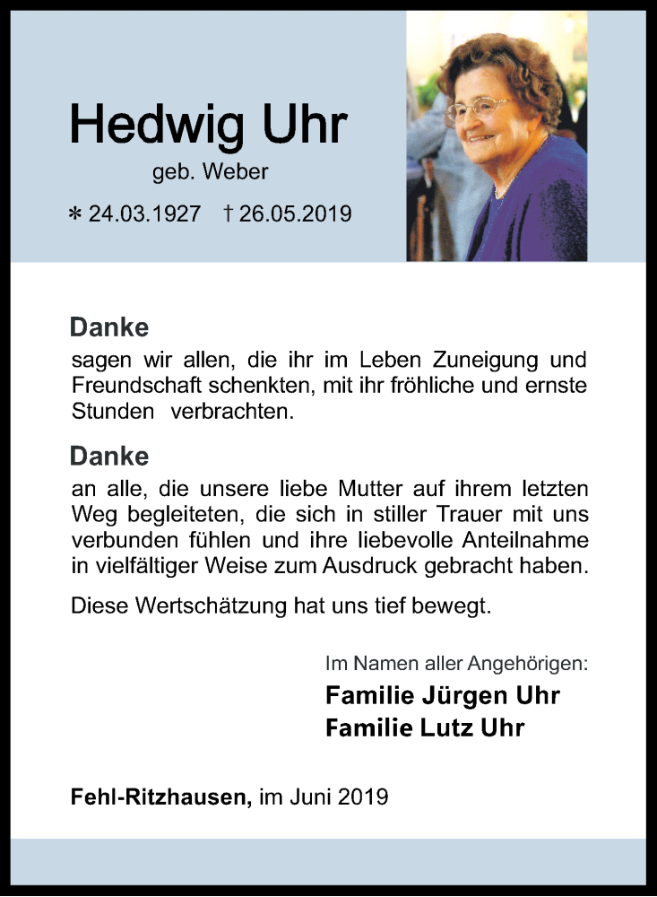 Traueranzeige für Hedwig Uhr vom 28.06.2019 aus Westerwälder Zeitung