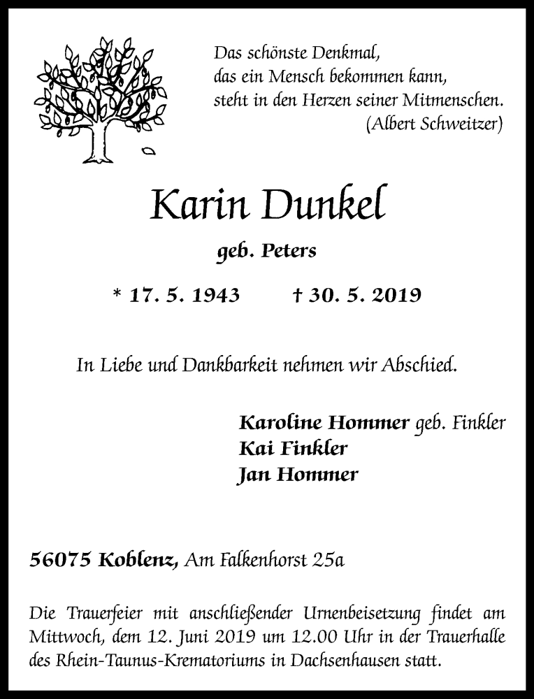  Traueranzeige für Karin Dunkel vom 08.06.2019 aus Rhein-Zeitung