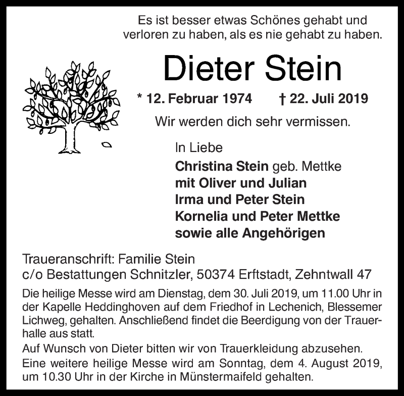 Traueranzeigen Von Dieter Stein Rz Trauerde