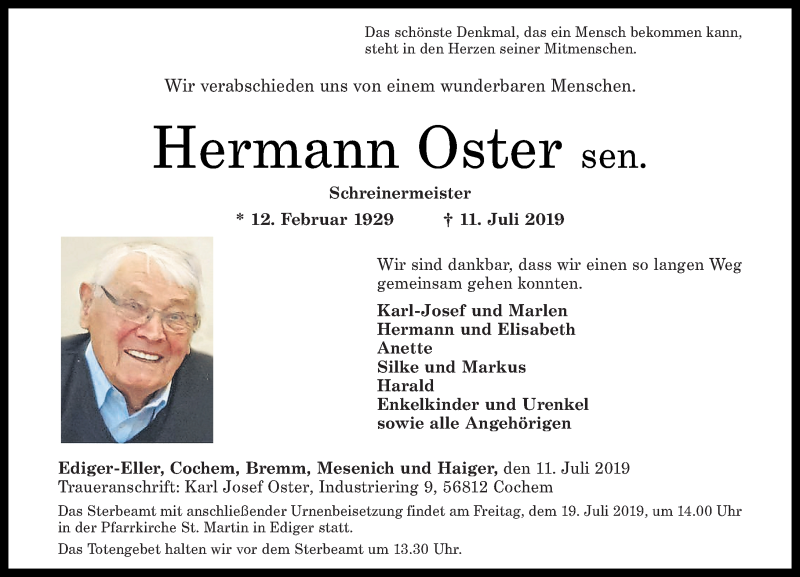 Traueranzeigen von Hermann Oster | rz-trauer.de