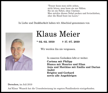 Traueranzeige von Klaus Meier von Rhein-Zeitung