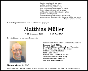Traueranzeige von Matthias Müller von Nahe-Zeitung