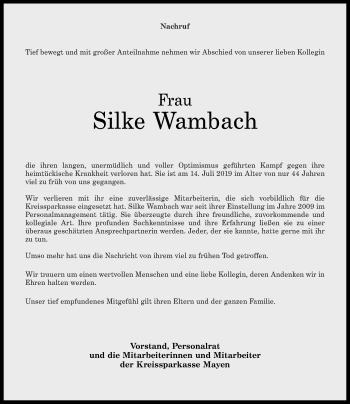 Traueranzeige von Silke Wambach von Rhein-Zeitung