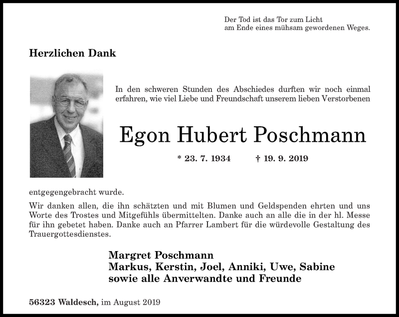 Traueranzeigen Von Egon Hubert Poschmann Rz Trauer De