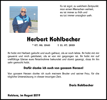 Traueranzeige von Herbert Kohlbecher von Rhein-Zeitung
