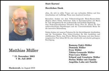 Traueranzeige von Matthias Müller von Nahe-Zeitung