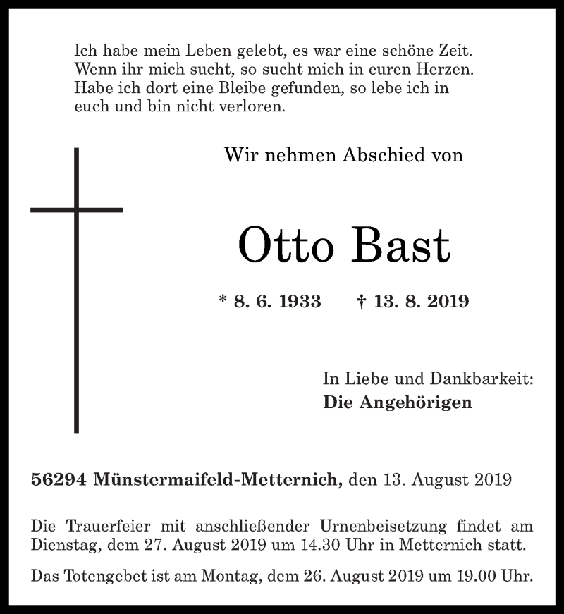  Traueranzeige für Otto Bast vom 17.08.2019 aus Rhein-Zeitung