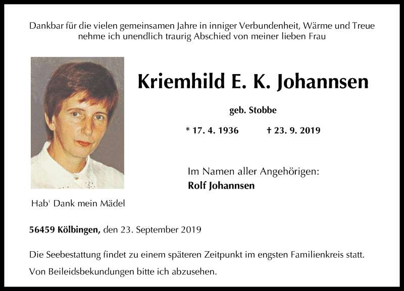  Traueranzeige für Kriemhild E.K.  Johannsen vom 25.09.2019 aus Westerwälder Zeitung