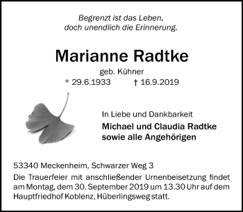 Traueranzeige von Marianne Radtke von Rhein-Zeitung