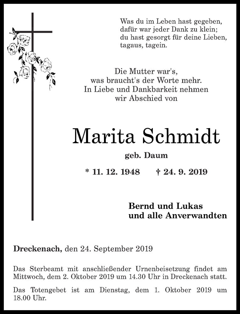 Traueranzeigen von Marita Schmidt | rz-trauer.de