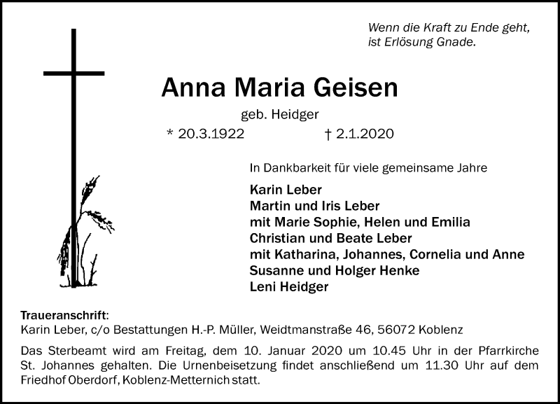 Traueranzeigen von Anna Maria Geisen | rz-trauer.de