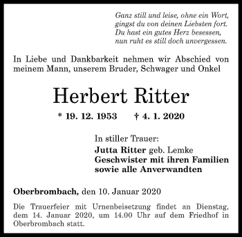 Traueranzeigen von Herbert Ritter | rz-trauer.de
