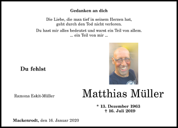 Traueranzeige von Matthias Müller von Nahe-Zeitung