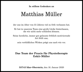 Traueranzeige von Matthias Müller von Nahe-Zeitung