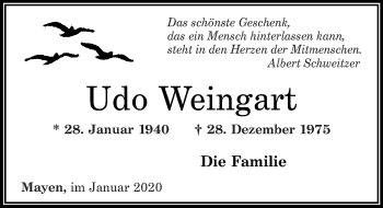 Traueranzeige von Udo Weingart von Rhein-Zeitung