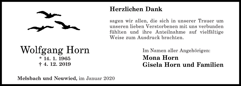  Traueranzeige für Wolfgang Horn vom 18.01.2020 aus Rhein-Zeitung