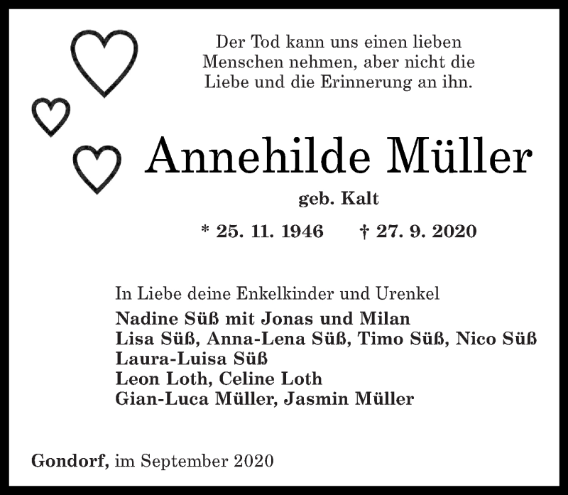  Traueranzeige für Annehilde Müller vom 30.09.2020 aus Rhein-Zeitung
