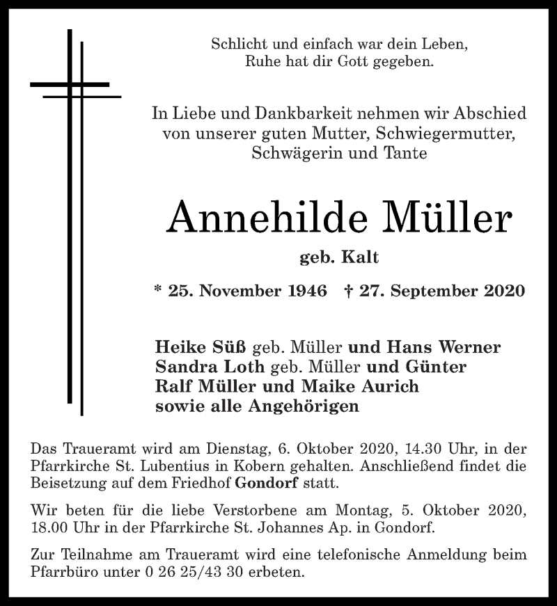  Traueranzeige für Annehilde Müller vom 30.09.2020 aus Rhein-Zeitung
