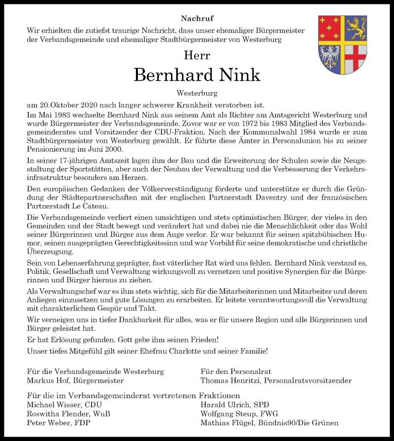  Traueranzeige für Bernhard Nink vom 26.10.2020 aus Westerwälder Zeitung