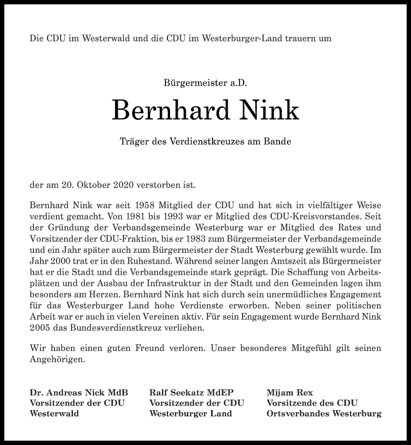  Traueranzeige für Bernhard Nink vom 24.10.2020 aus Westerwälder Zeitung
