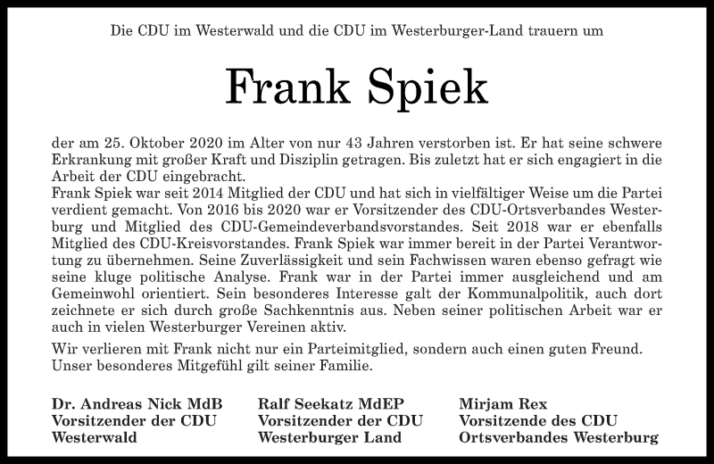  Traueranzeige für Frank Spiek vom 29.10.2020 aus Westerwälder Zeitung