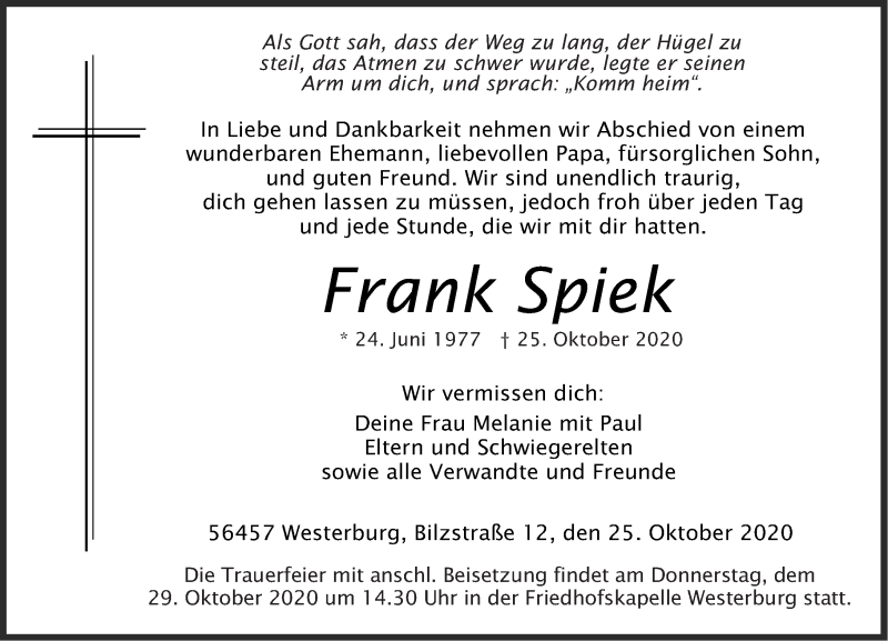  Traueranzeige für Frank Spiek vom 27.10.2020 aus Westerwälder Zeitung
