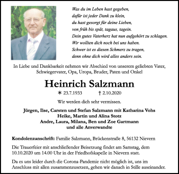 Traueranzeige von Heinrich Salzmann von Rhein-Lahn-Zeitung