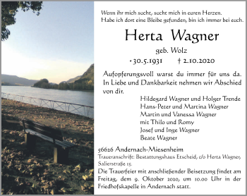 Traueranzeige von Herta Wagner von Rhein-Zeitung