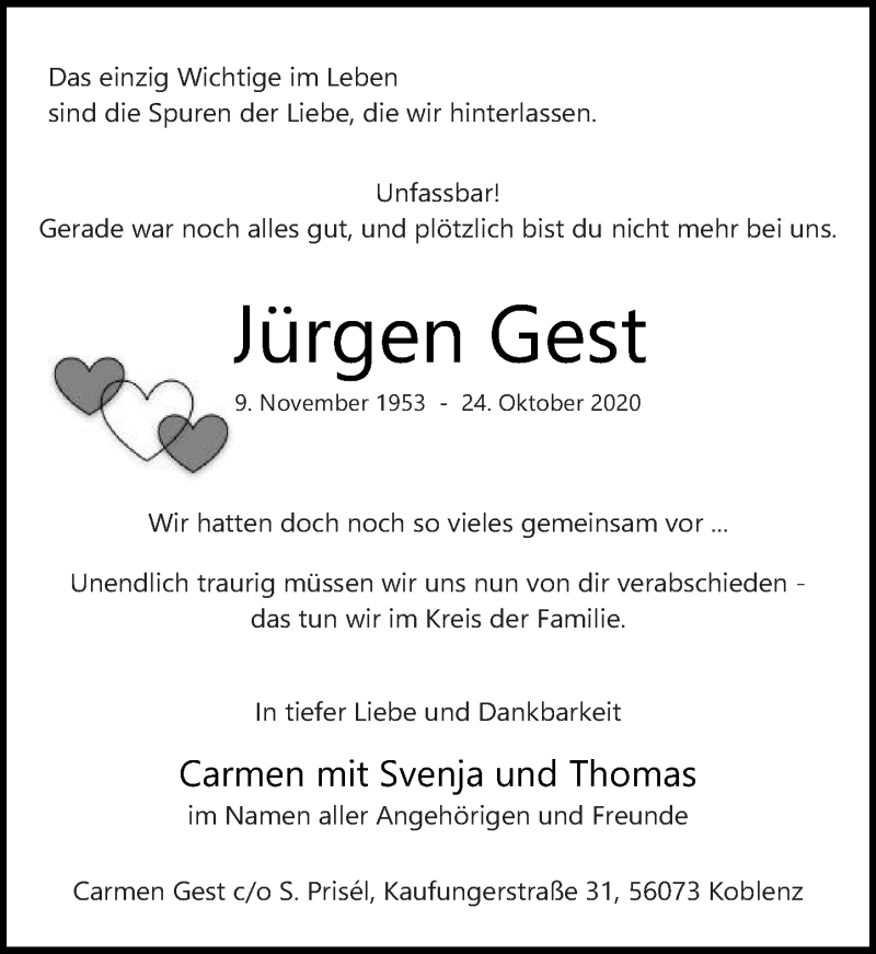  Traueranzeige für Jürgen Gest vom 31.10.2020 aus Rhein-Zeitung