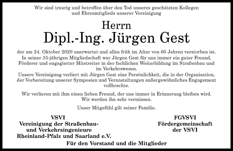  Traueranzeige für Jürgen Gest vom 31.10.2020 aus Rhein-Zeitung