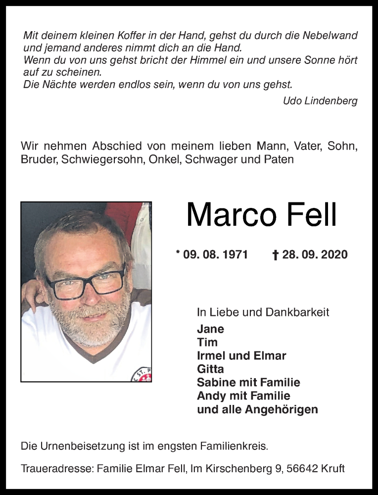  Traueranzeige für Marco Fell vom 02.10.2020 aus Rhein-Zeitung