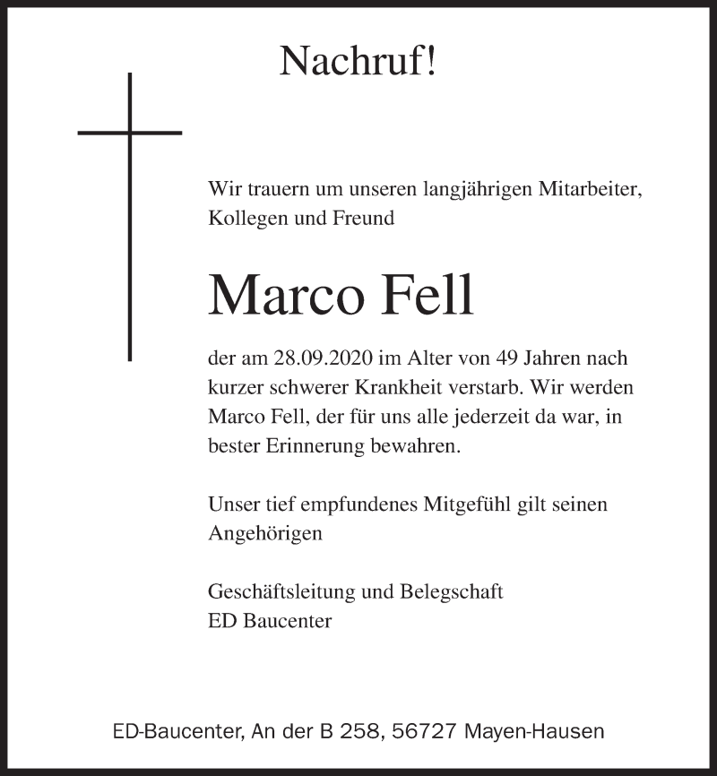  Traueranzeige für Marco Fell vom 02.10.2020 aus Rhein-Zeitung
