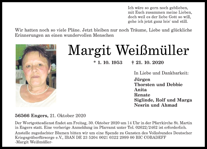  Traueranzeige für Margit Weißmüller vom 24.10.2020 aus Rhein-Zeitung