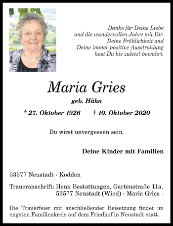 Traueranzeigen von Maria Gries | rz-trauer.de