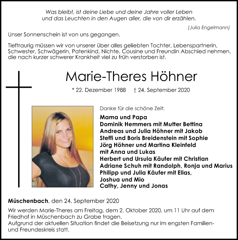  Traueranzeige für Marie-Theres Höhner vom 30.09.2020 aus Westerwälder Zeitung