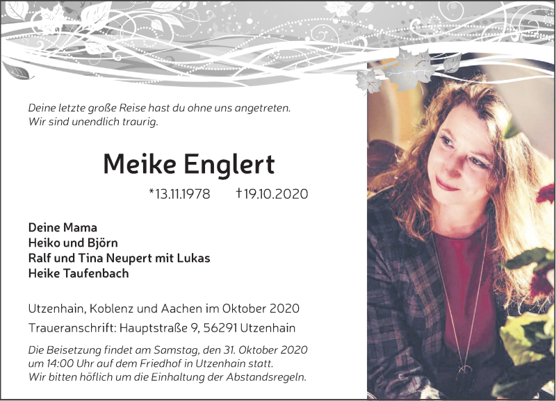  Traueranzeige für Meike Englert vom 24.10.2020 aus Rhein-Hunsrück-Zeitung